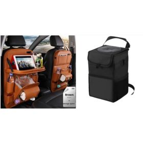 PU Leather Car Storage Bag Multifunction Seat Back Tray Hanging Bag Waterproof Car Organizer Automotive Interior Accessories (Option: Brown set1)