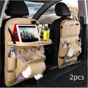 PU Leather Car Storage Bag Multifunction Seat Back Tray Hanging Bag Waterproof Car Organizer Automotive Interior Accessories (Option: Beige 2pcs)